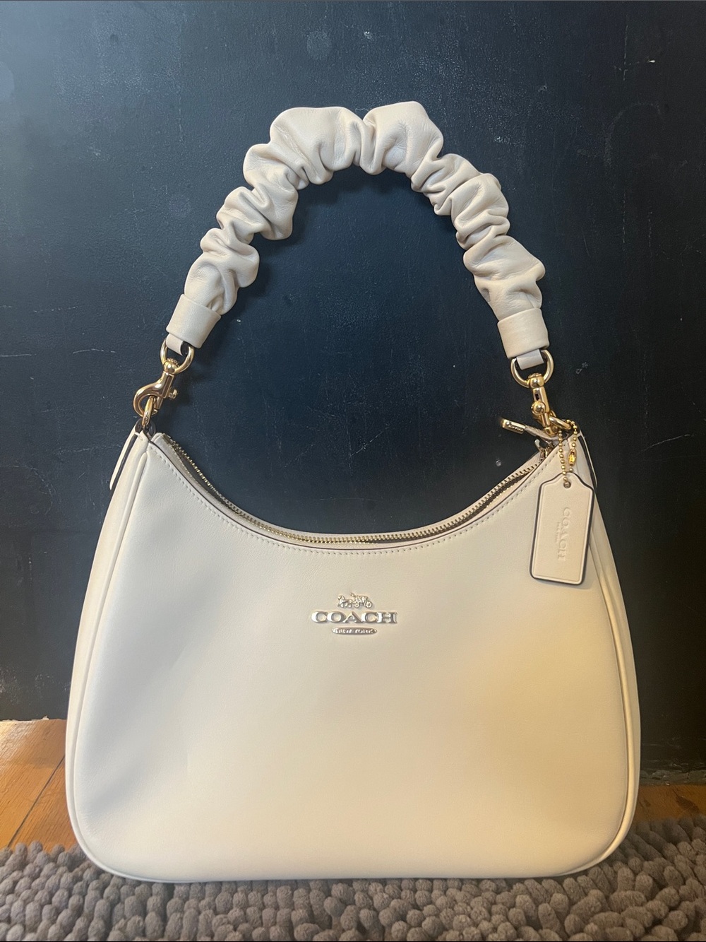 Ruched Handle Cream Shoulder Bag with Gold Accent